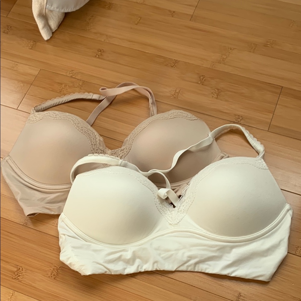 Dobreva Women's Cream and Tan Lace Trim Pullover Push-up Bras. Euc. 36b